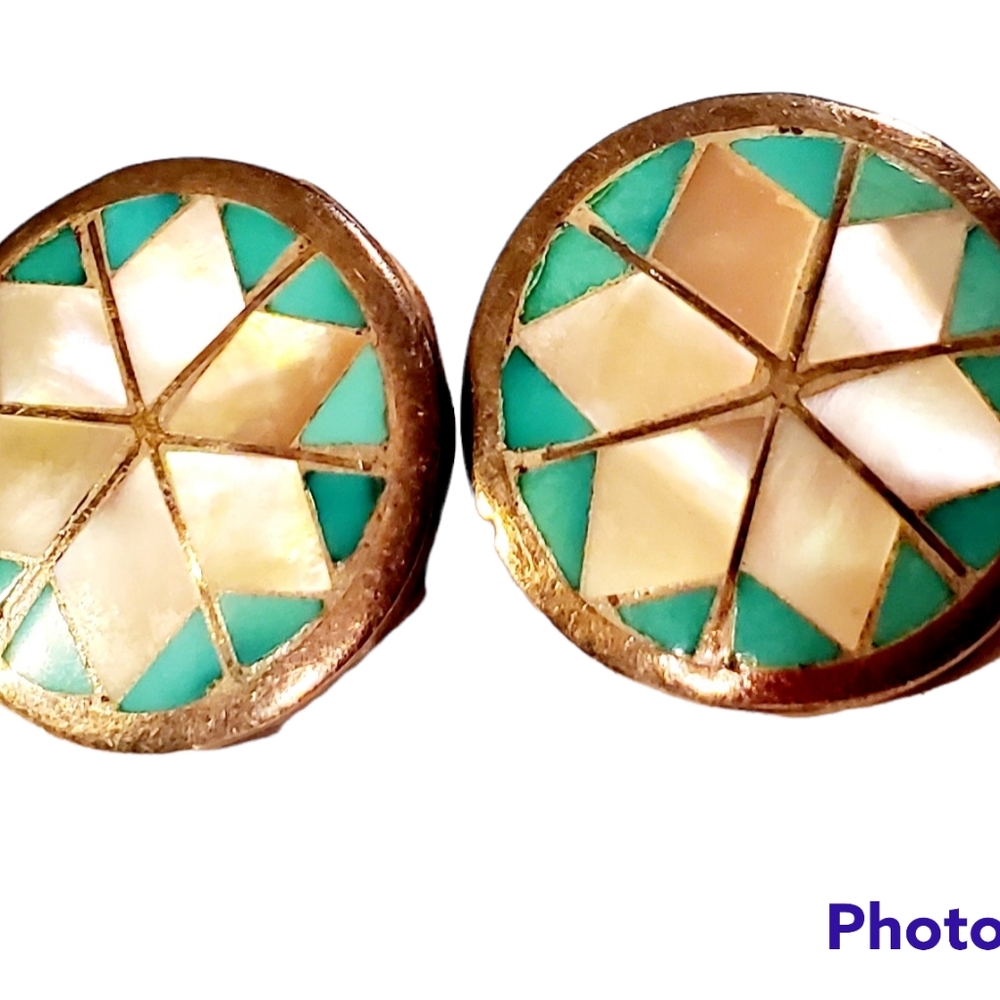 Vintage Native American Silver, Turquoise, & Mother of Pearl Earrings